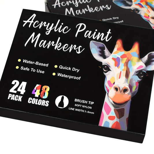 24-Pack Dual-Tip Acrylic Paint Markers, 48 Colors   Double brush tips, dual-color acrylic paint pens   Suitable for use on various surfaces by adults:   stone, wood, rock, canvas, plastic, glass, ceramic, and more.