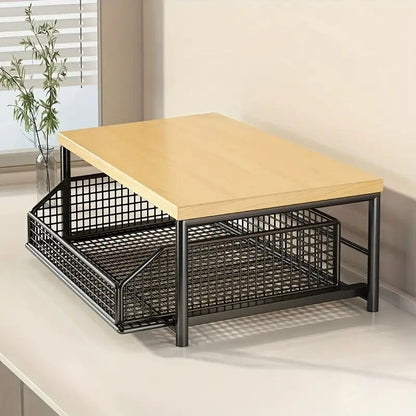 Modern Kitchen Microwave Shelf with Drawer: Sturdy and solid structure, designed to save counter space for storing appliances, utensils, dishes, and household items. Minimalist design suitable for 1000+ scenarios, BLACK