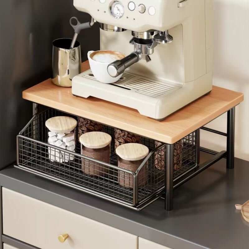 Modern Kitchen Microwave Shelf with Drawer: Sturdy and solid structure, designed to save counter space for storing appliances, utensils, dishes, and household items. Minimalist design suitable for 1000+ scenarios, BLACK