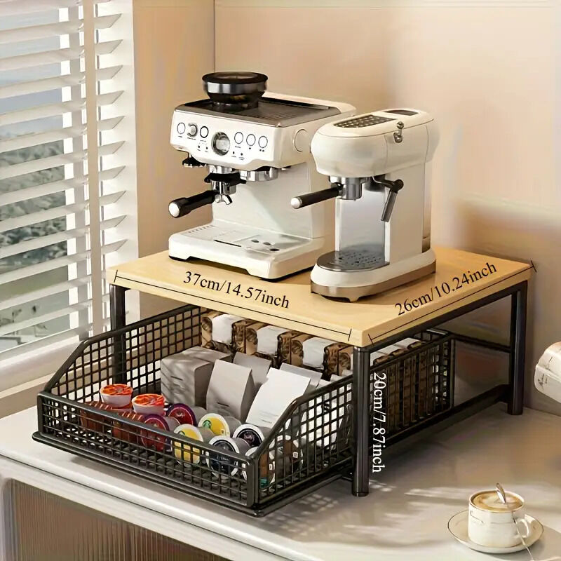 Modern Kitchen Microwave Shelf with Drawer: Sturdy and solid structure, designed to save counter space for storing appliances, utensils, dishes, and household items. Minimalist design suitable for 1000+ scenarios, BLACK