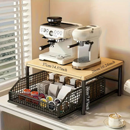 Modern Kitchen Microwave Shelf with Drawer: Sturdy and solid structure, designed to save counter space for storing appliances, utensils, dishes, and household items. Minimalist design suitable for 1000+ scenarios, BLACK