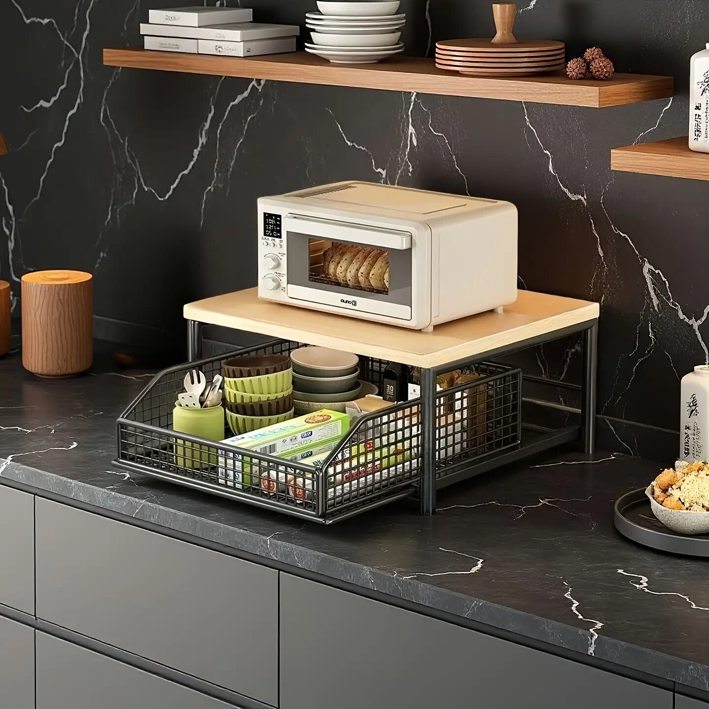 Modern Kitchen Microwave Shelf with Drawer: Sturdy and solid structure, designed to save counter space for storing appliances, utensils, dishes, and household items. Minimalist design suitable for 1000+ scenarios, BLACK