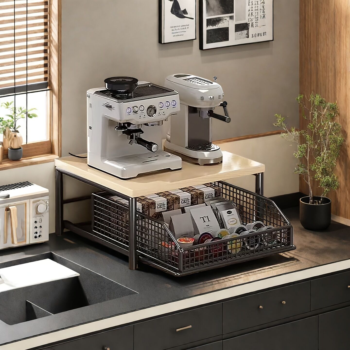 Modern Kitchen Microwave Shelf with Drawer: Sturdy and solid structure, designed to save counter space for storing appliances, utensils, dishes, and household items. Minimalist design suitable for 1000+ scenarios, BLACK