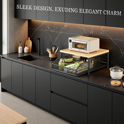 Modern Kitchen Microwave Shelf with Drawer: Sturdy and solid structure, designed to save counter space for storing appliances, utensils, dishes, and household items. Minimalist design suitable for 1000+ scenarios, BLACK
