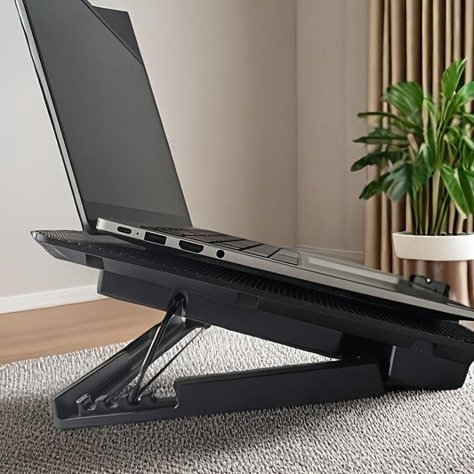 **Fully Compatible Laptop Standï½Dual-Fan Cooling + Ergonomic Angle Adjustment, All-in-One Portable Design for Work, Gaming, and Entertainment**.