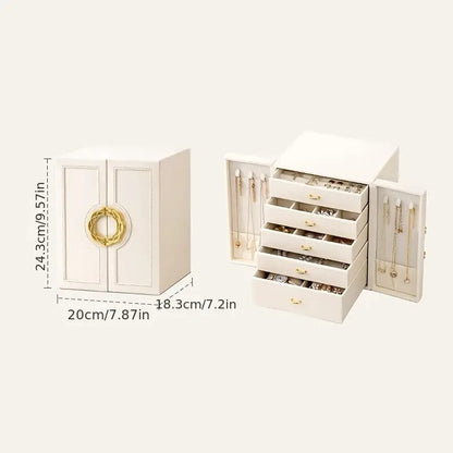 White   1 Large Faux Leather Jewelry Storage Box with 5 Drawers and Gold Handles - An elegant rectangular storage space for rings, necklaces, bracelets, earrings, and watches - Features soft fabric lining, side door design, textured surface finish - Luxur