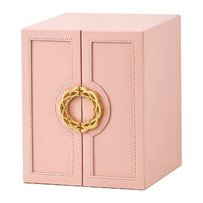 White   1 Large Faux Leather Jewelry Storage Box with 5 Drawers and Gold Handles - An elegant rectangular storage space for rings, necklaces, bracelets, earrings, and watches - Features soft fabric lining, side door design, textured surface finish - Luxur