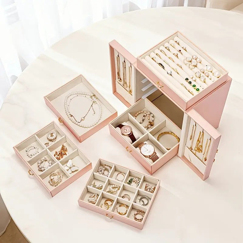 White   1 Large Faux Leather Jewelry Storage Box with 5 Drawers and Gold Handles - An elegant rectangular storage space for rings, necklaces, bracelets, earrings, and watches - Features soft fabric lining, side door design, textured surface finish - Luxur