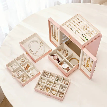White   1 Large Faux Leather Jewelry Storage Box with 5 Drawers and Gold Handles - An elegant rectangular storage space for rings, necklaces, bracelets, earrings, and watches - Features soft fabric lining, side door design, textured surface finish - Luxur