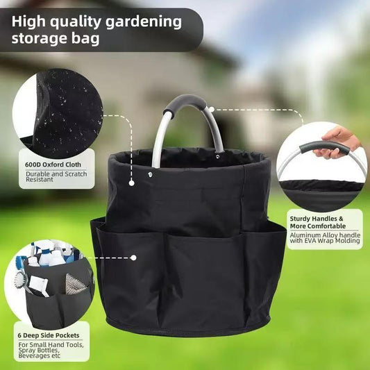 Premium Black Gardening Storage Bag made of durable 600D Oxford cloth, features 6 deep side pockets for small hand tools, spray bottles, beverages, and more. Equipped with an aluminum alloy handle wrapped in EVA molding for enhanced comfort and longevity..