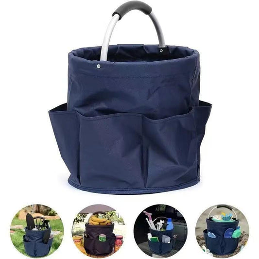 Premium Blue Gardening Storage Bag made of durable 600D Oxford cloth, features 6 deep side pockets for small hand tools, spray bottles, beverages, and more. Equipped with an aluminum alloy handle wrapped in EVA molding for enhanced comfort and longevity..