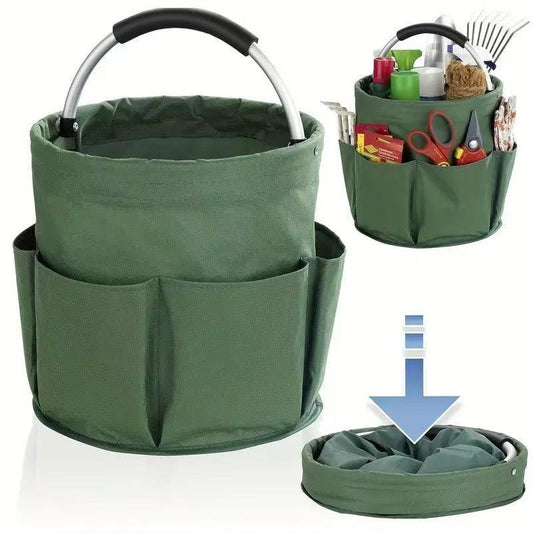 Premium Army green Gardening Storage Bag made of durable 600D Oxford cloth, features 6 deep side pockets for small hand tools, spray bottles, beverages, and more. Equipped with an aluminum alloy handle wrapped in EVA molding for enhanced comfort and longe.