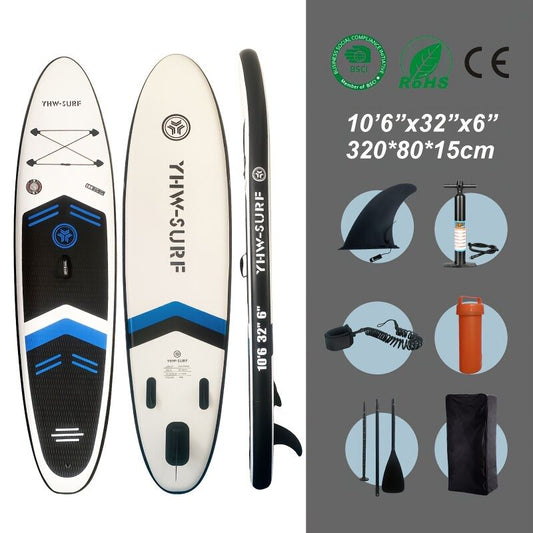 Inflatable vertical paddle set for water sports and surfing-including air pump, paddle, rope, backpack, fin box and maintenance tools..