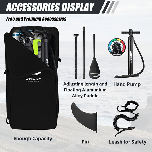 Inflatable vertical paddle set for water sports and surfing-including air pump, paddle, rope, backpack, fin box and maintenance tools..