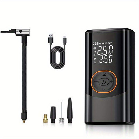 Portable air compressor for tires with digital pressure gauge, 150PSI rechargeable battery, LED light, wireless bicycle tire pump for cars, motorcycles, bicycles, etc., black.