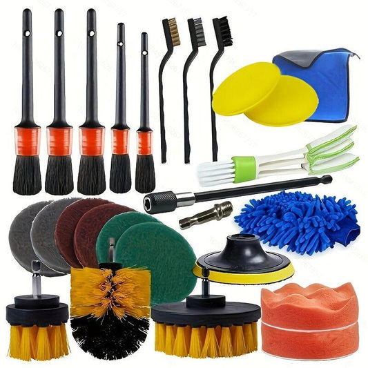 26-piece full function car detailing kit with drill brush and wheel cleaner - Heavy-duty manual and drill-powered cleaning set, color-coded brushes for paint restoration, glass, metal, plastic surfaces - Car washing, polishing, protection - Suitable for h.