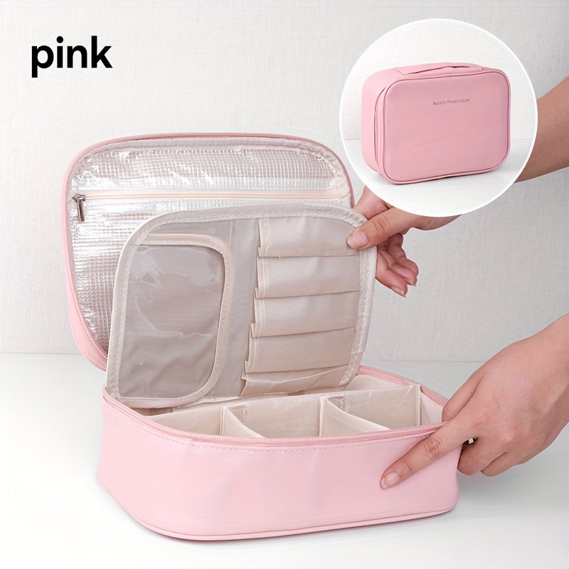 High-capacity multi-layer travel makeup organizer, featuring removable compartments and a brush holder—a portable beauty case, elegantly painted storage box, designed as a standalone unit, no assembly required.（pink）