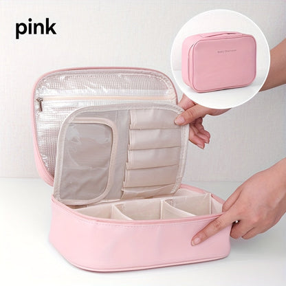 High-capacity multi-layer travel makeup organizer, featuring removable compartments and a brush holder—a portable beauty case, elegantly painted storage box, designed as a standalone unit, no assembly required.（pink）