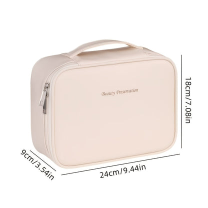 High-capacity multi-layer travel makeup organizer, featuring removable compartments and a brush holder—a portable beauty case, elegantly painted storage box, designed as a standalone unit, no assembly required.（pink）
