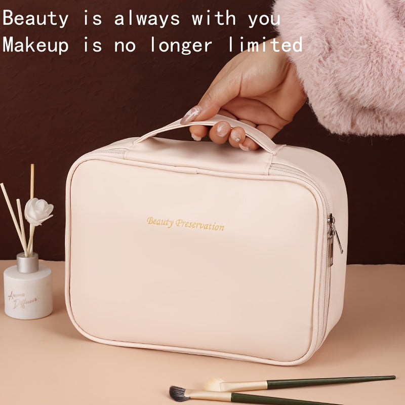 High-capacity multi-layer travel makeup organizer, featuring removable compartments and a brush holder—a portable beauty case, elegantly painted storage box, designed as a standalone unit, no assembly required.（pink）