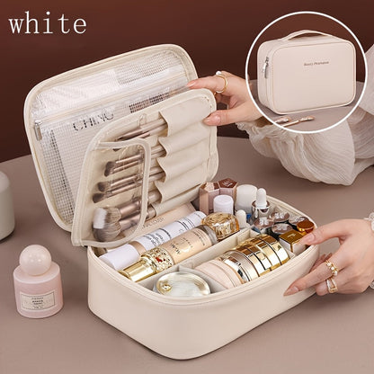 High-capacity multi-layer travel makeup organizer, featuring removable compartments and a brush holder—a portable beauty case, elegantly painted storage box, designed as a standalone unit, no assembly required.（pink）