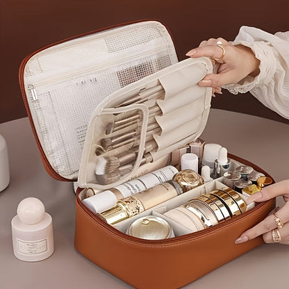 High-capacity multi-layer travel makeup organizer, featuring removable compartments and a brush holder—a portable beauty case, elegantly painted storage box, designed as a standalone unit, no assembly required.（pink）