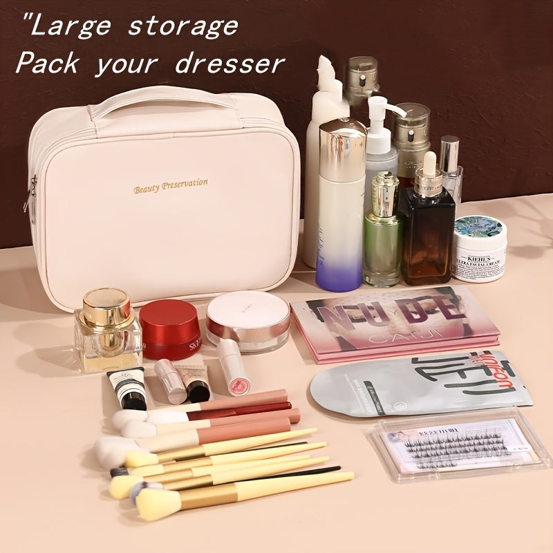 High-capacity multi-layer travel makeup organizer, featuring removable compartments and a brush holder—a portable beauty case, elegantly painted storage box, designed as a standalone unit, no assembly required.（WHITE）