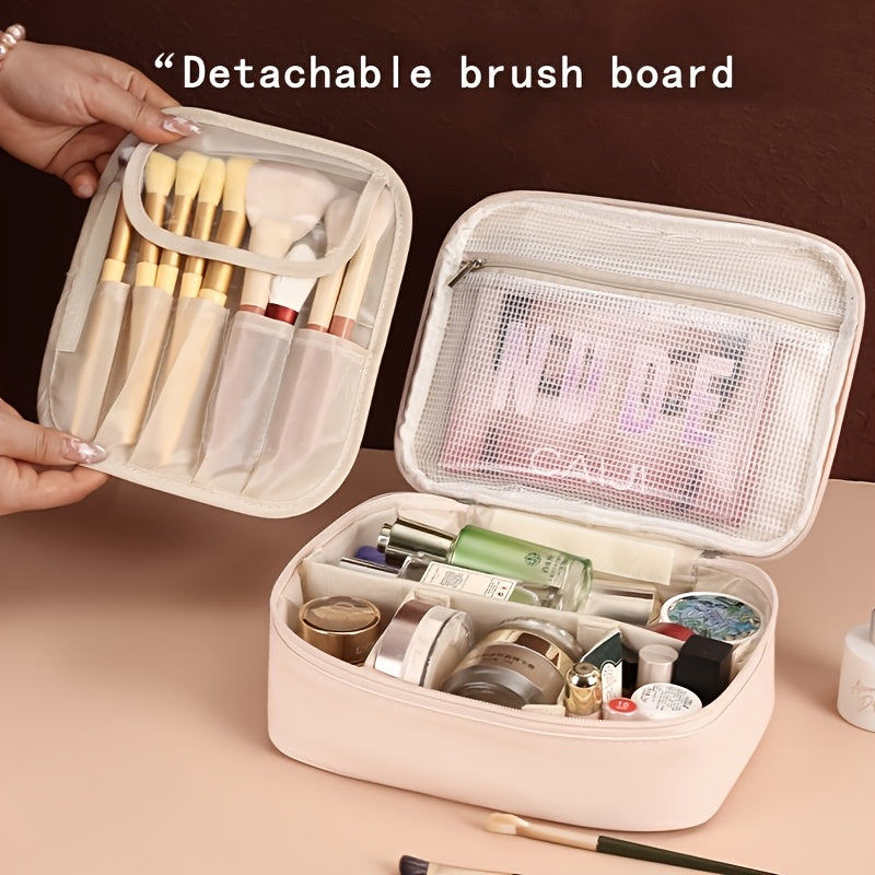 High-capacity multi-layer travel makeup organizer, featuring removable compartments and a brush holder—a portable beauty case, elegantly painted storage box, designed as a standalone unit, no assembly required.（WHITE）
