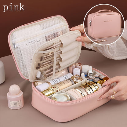 High-capacity multi-layer travel makeup organizer, featuring removable compartments and a brush holder—a portable beauty case, elegantly painted storage box, designed as a standalone unit, no assembly required.（WHITE）