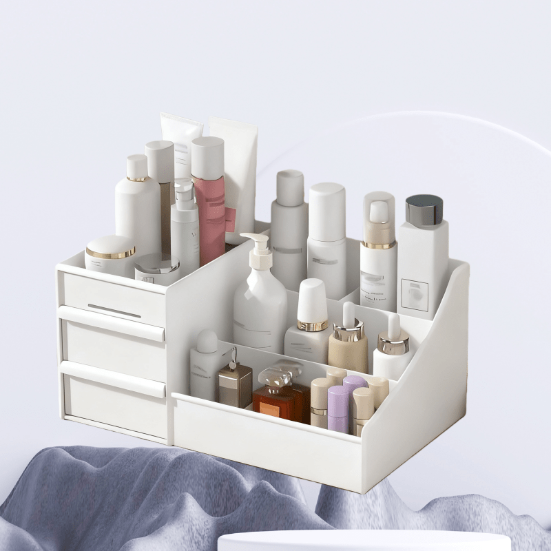 Pink Multi-Compartment Large-Capacity Desktop Storage Box Keeps vanity tables and desks neat and organized—lipsticks, masks, makeup brushes all stored in one box. Easy access, seamlessly fits into various settings.
