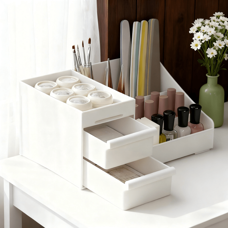Pink Multi-Compartment Large-Capacity Desktop Storage Box Keeps vanity tables and desks neat and organized—lipsticks, masks, makeup brushes all stored in one box. Easy access, seamlessly fits into various settings.