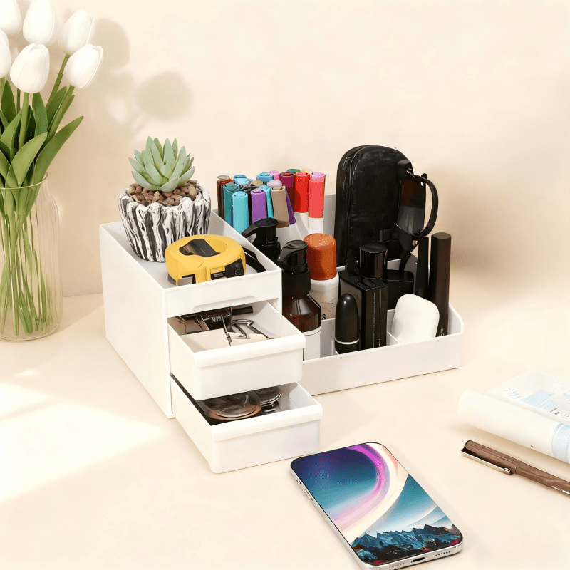 Pink Multi-Compartment Large-Capacity Desktop Storage Box Keeps vanity tables and desks neat and organized—lipsticks, masks, makeup brushes all stored in one box. Easy access, seamlessly fits into various settings.