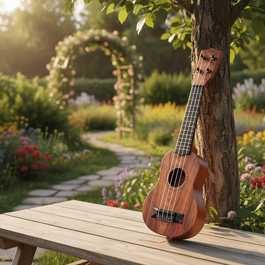 Mahogany color 17-inch Playable Ukulele Mini Guitar, lightweight and portable. Features comfortable nylon strings, includes a pick, and has open-style tuning pegs for precise tuning. Suitable for beginners and music enthusiasts, a popular gift choice for.
