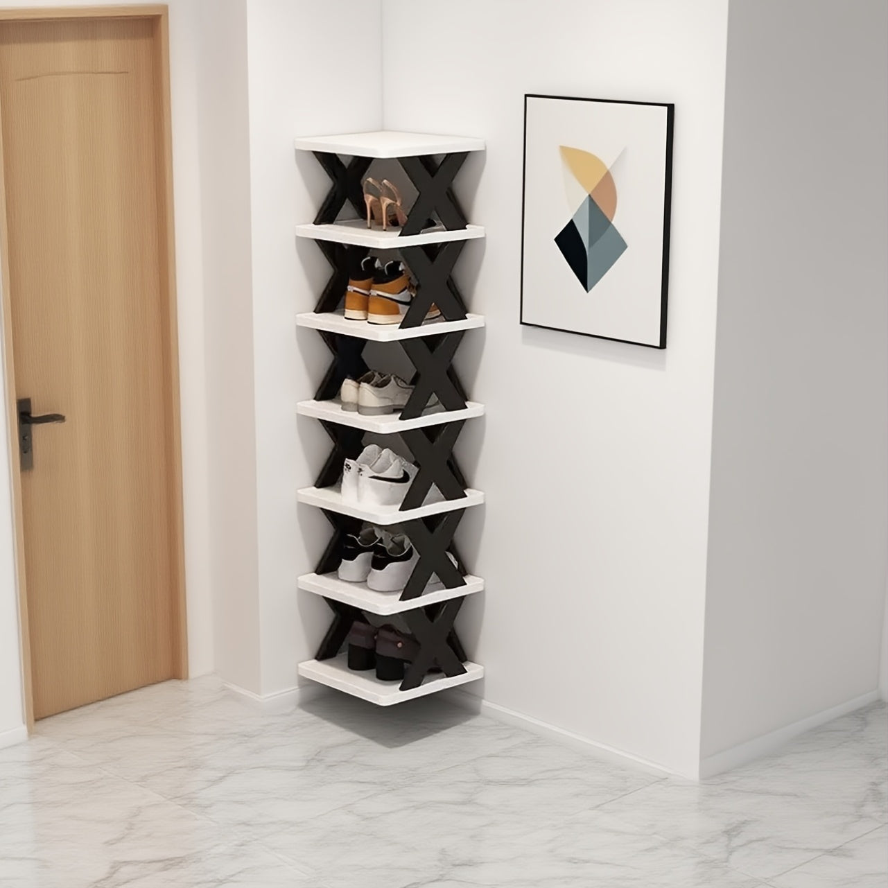 9-Tier Foldable White/Black Shoe Rack, space-saving vertical design for entry halls, living rooms, bedrooms, closets, balconies—an essential organizing storage shelf for college dormitories.