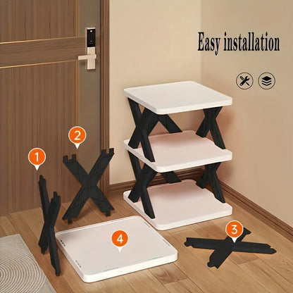 9-Tier Foldable White/Black Shoe Rack, space-saving vertical design for entry halls, living rooms, bedrooms, closets, balconies—an essential organizing storage shelf for college dormitories.
