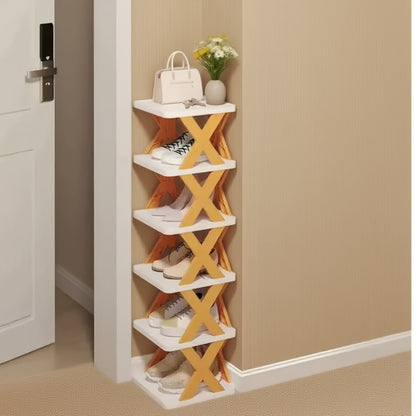 9-Tier Foldable White/Black Shoe Rack, space-saving vertical design for entry halls, living rooms, bedrooms, closets, balconies—an essential organizing storage shelf for college dormitories.
