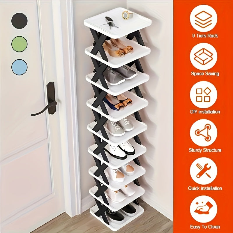 9-Tier Foldable White/Black Shoe Rack, space-saving vertical design for entry halls, living rooms, bedrooms, closets, balconies—an essential organizing storage shelf for college dormitories.