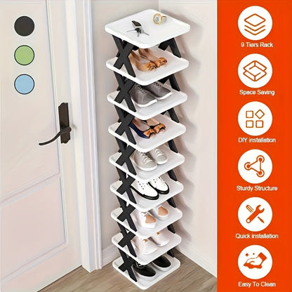 9-Tier Foldable White/Black Shoe Rack, space-saving vertical design for entry halls, living rooms, bedrooms, closets, balconies—an essential organizing storage shelf for college dormitories.