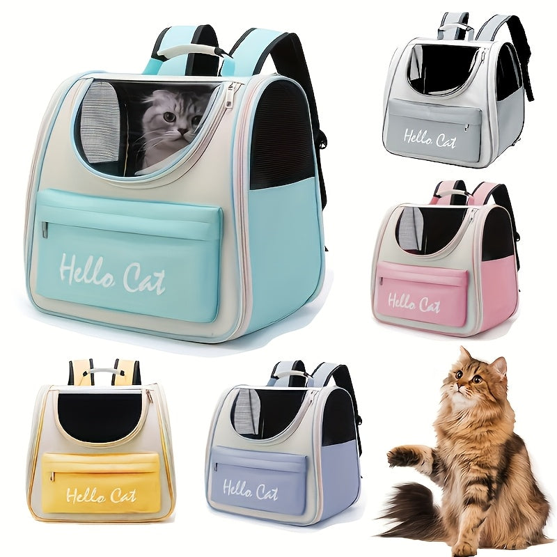 Hello Cat Nylon Pet Backpack, Large Capacity Foldable Travel Carrier with Zipper Closure, Easy Access for Cats and Small Dogs, Pet Travel Bag with Handle for Puppies and Kittens(PINK)