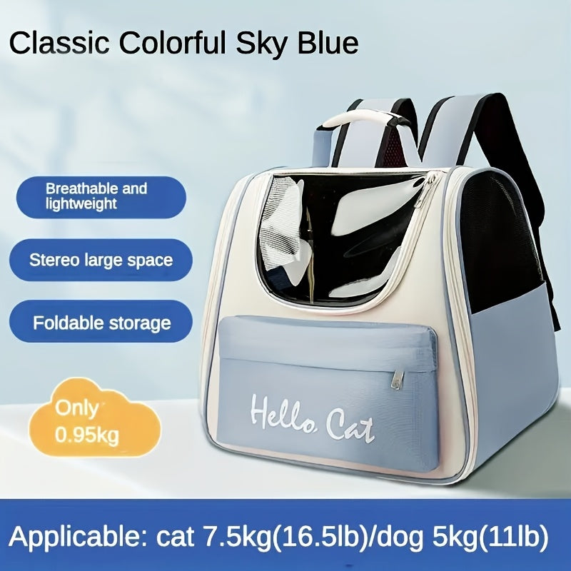 Hello Cat Nylon Pet Backpack, Large Capacity Foldable Travel Carrier with Zipper Closure, Easy Access for Cats and Small Dogs, Pet Travel Bag with Handle for Puppies and Kittens(BLUE)