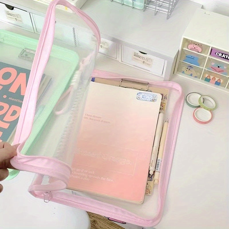 Macaron Candy Student File Bag + PET Animal Stickers - Hand-Carry Large Capacity Waterproof A4 Zipper Transparent Exam Paper & Textbook Storage Bag, Folder（blue）
