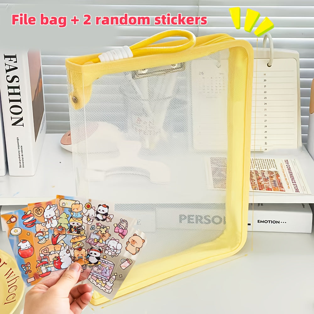 Macaron Candy Student File Bag + PET Animal Stickers - Hand-Carry Large Capacity Waterproof A4 Zipper Transparent Exam Paper & Textbook Storage Bag, Folder（blue）