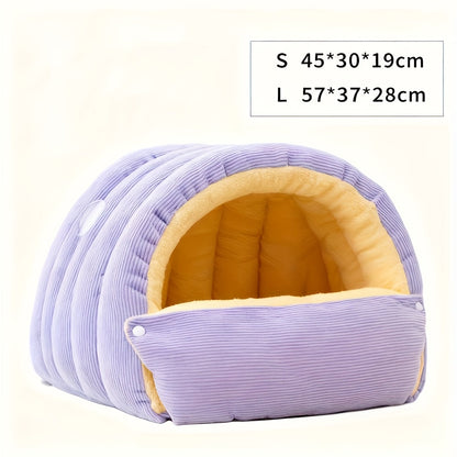 High-Elasticity Warm Cat Bed: 57×37×28cm Wrapped Design, Striped Fleece + Arctic Fleece Heat Retention, Removable & Washable（light beige）