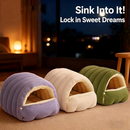 High-Elasticity Warm Cat Bed: 57×37×28cm Wrapped Design, Striped Fleece + Arctic Fleece Heat Retention, Removable & Washable（light beige）