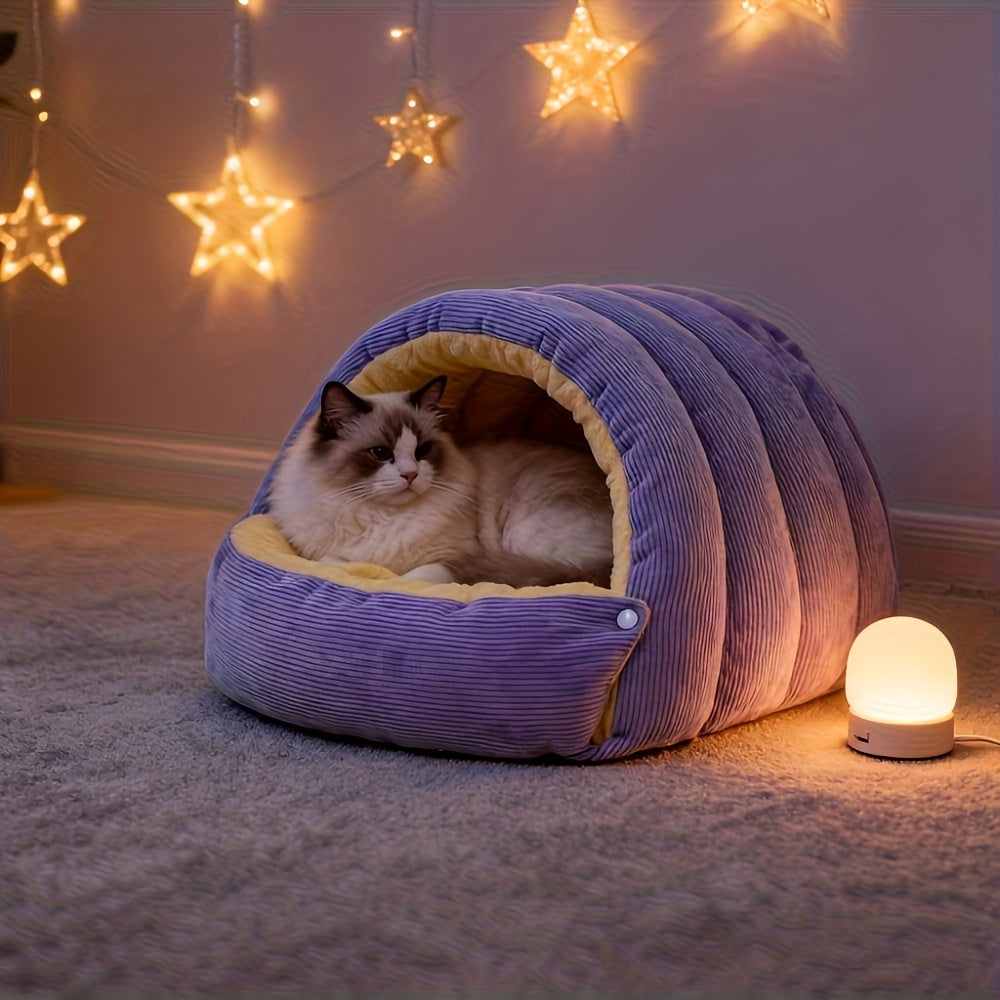 High-Elasticity Warm Cat Bed: 45×30×19cm Wrapped Design, Striped Fleece + Arctic Fleece Heat Retention, Removable & Washable（light purple）