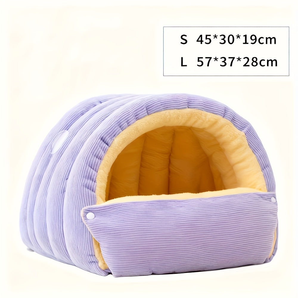 High-Elasticity Warm Cat Bed: 45×30×19cm Wrapped Design, Striped Fleece + Arctic Fleece Heat Retention, Removable & Washable（light purple）