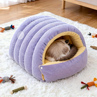 High-Elasticity Warm Cat Bed: 45×30×19cm Wrapped Design, Striped Fleece + Arctic Fleece Heat Retention, Removable & Washable（light purple）