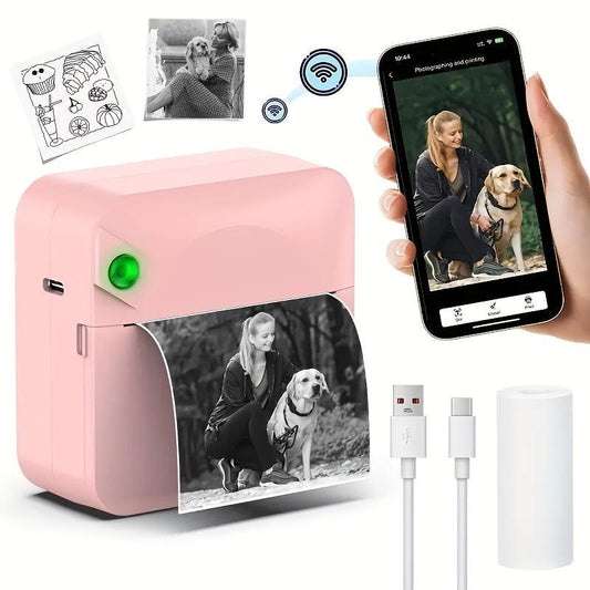 (Pinkï¼Inkless Sticker Printer Mini Thermal Printer with Roll Thermal Paper, Wireless Pocket Printer, Smart Portable Receipt Printer for Photos, Diaries, Notes, and Preparation Work..