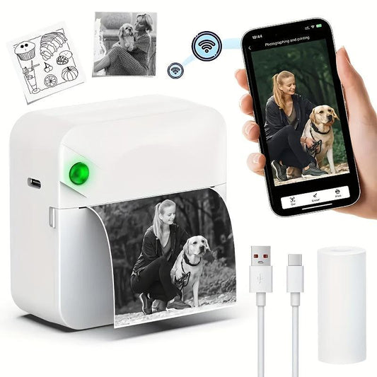 (Whiteï¼Inkless Sticker Printer Mini Thermal Printer with Roll Thermal Paper, Wireless Pocket Printer, Smart Portable Receipt Printer for Photos, Diaries, Notes, and Preparation Work..
