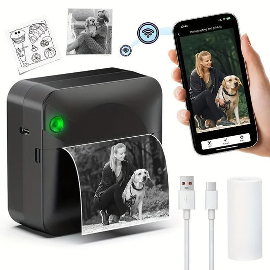 (Blackï¼Inkless Sticker Printer Mini Thermal Printer with Roll Thermal Paper, Wireless Pocket Printer, Smart Portable Receipt Printer for Photos, Diaries, Notes, and Preparation Work..
